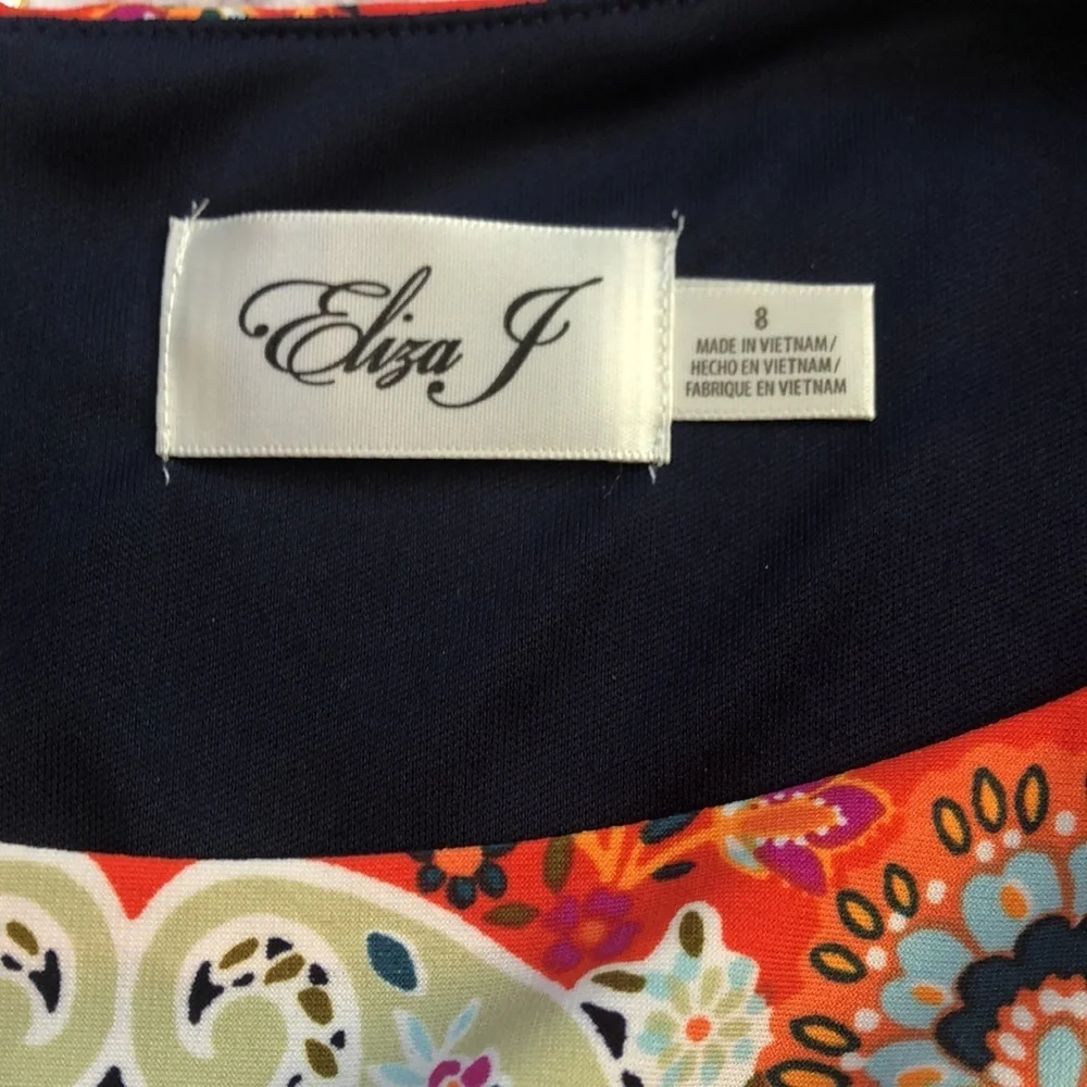 ELIZA J Floral Print Short Sleeve Dress Bateau Neckline Zip Back Women’s 8 NWOT